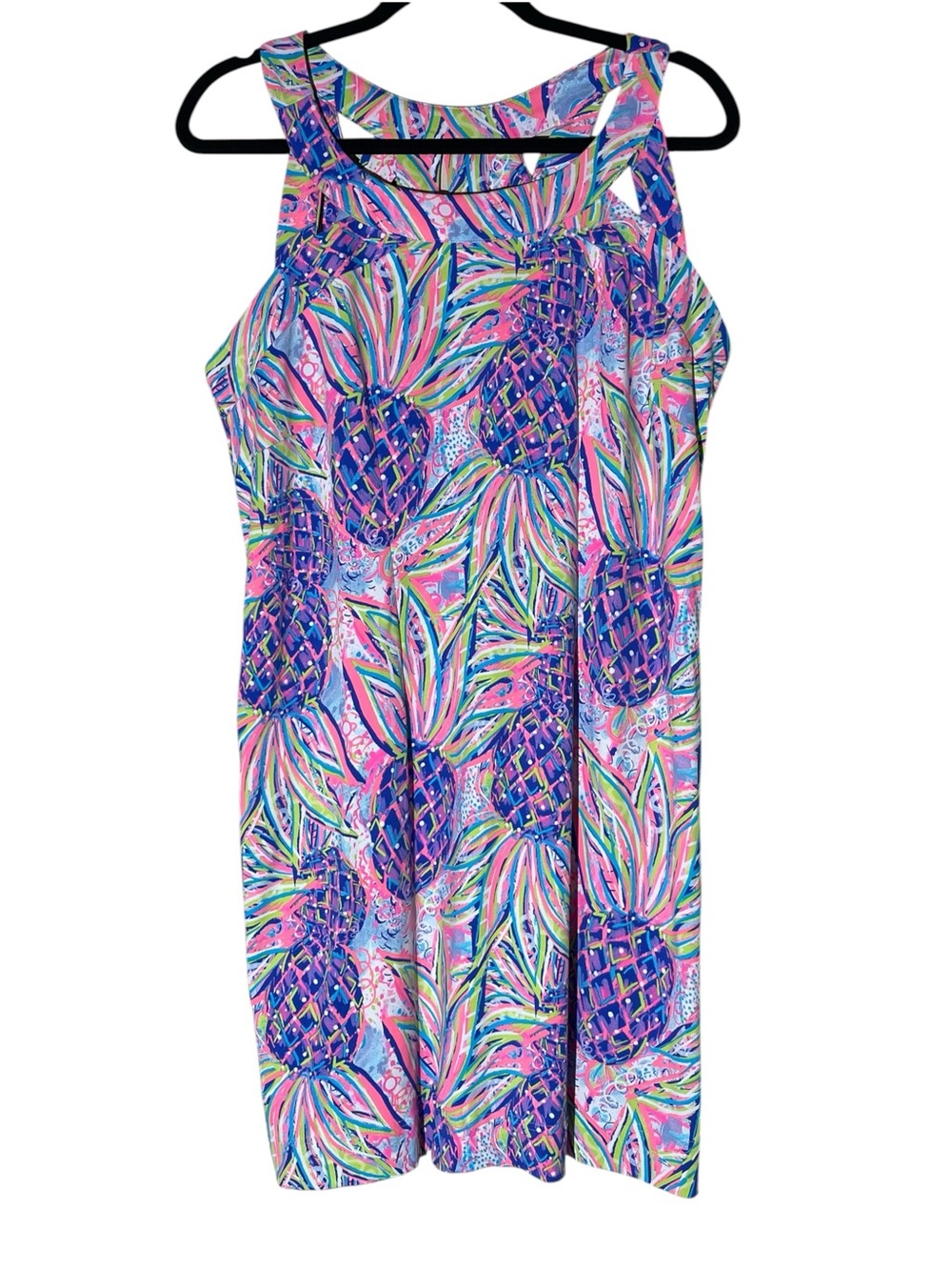 LULU B Tropical Pink Pineapple Sleeveless Dress Cut Outs Sz L UPF50+ Resortwear